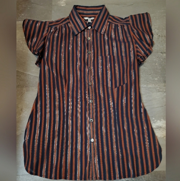 NWT Joie "Dyllis Dark Sapphire" short sleeves blouse. Blue, orange, metallic. S. - Picture 1 of 9